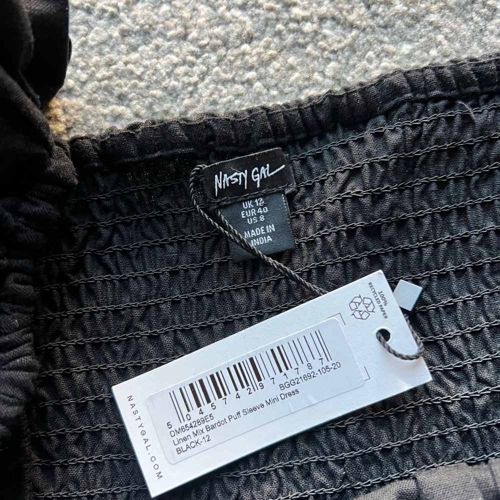 Nasty Gal Black Linen Blend Bardot Puff Sleeve Mini Dress - Picture 2 of 3